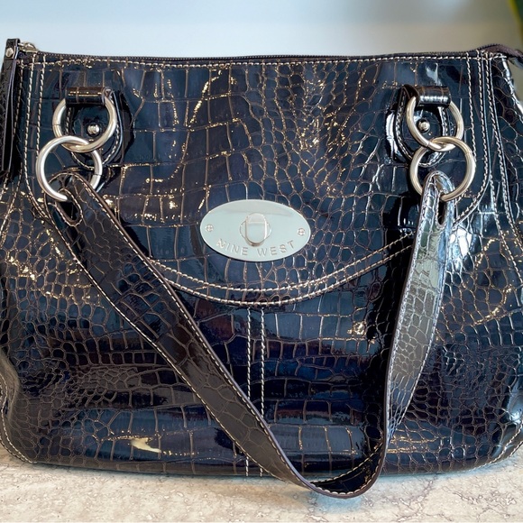 Nine West, Tote Bag, Faux Leather, Faux Crocodile, Chocolate Brown - Picture 1 of 3